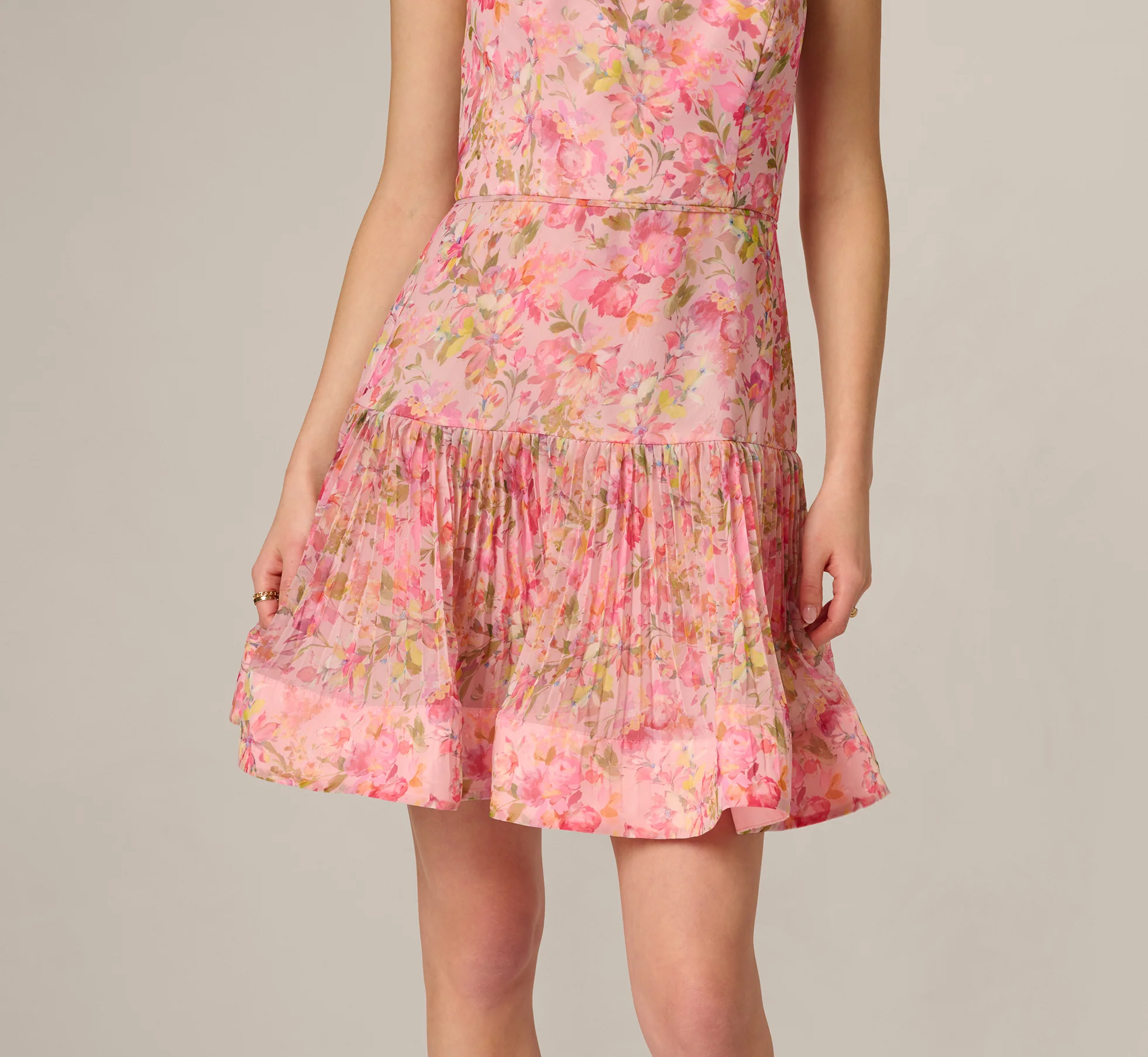 Strapless Floral Organza Pleated Short Dress In Pink Multi - Image 5