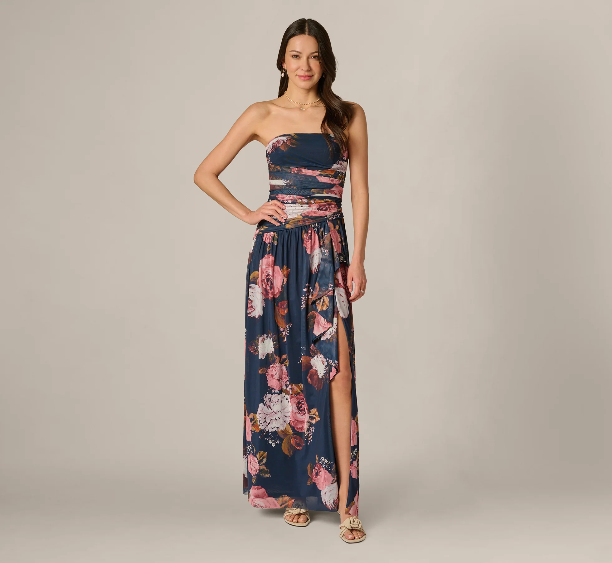 Strapless Ruched Floral Stretch Mesh Gown In Navy Multi - Image 3