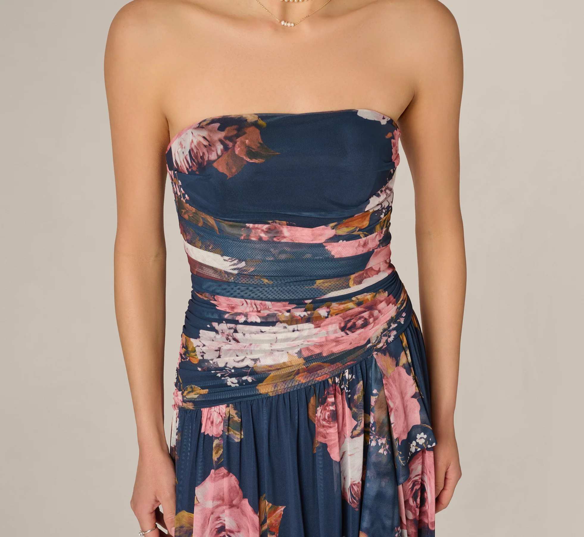Strapless Ruched Floral Stretch Mesh Gown In Navy Multi - Image 4