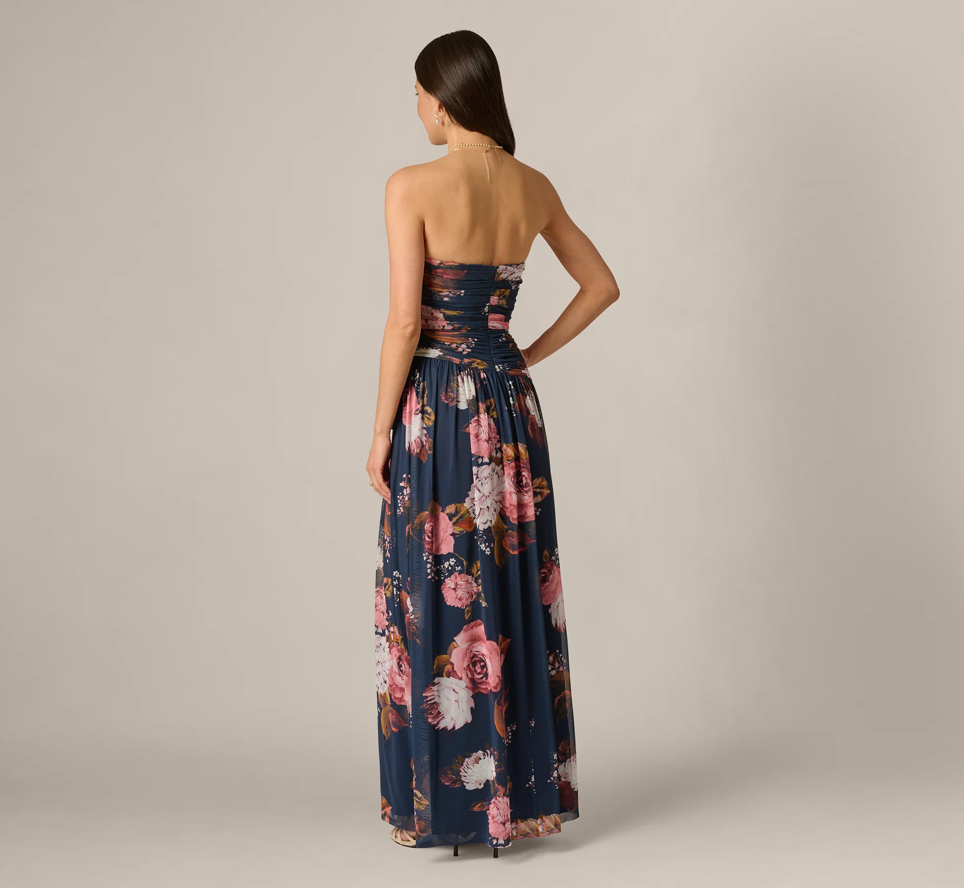 Strapless Ruched Floral Stretch Mesh Gown In Navy Multi - Image 6