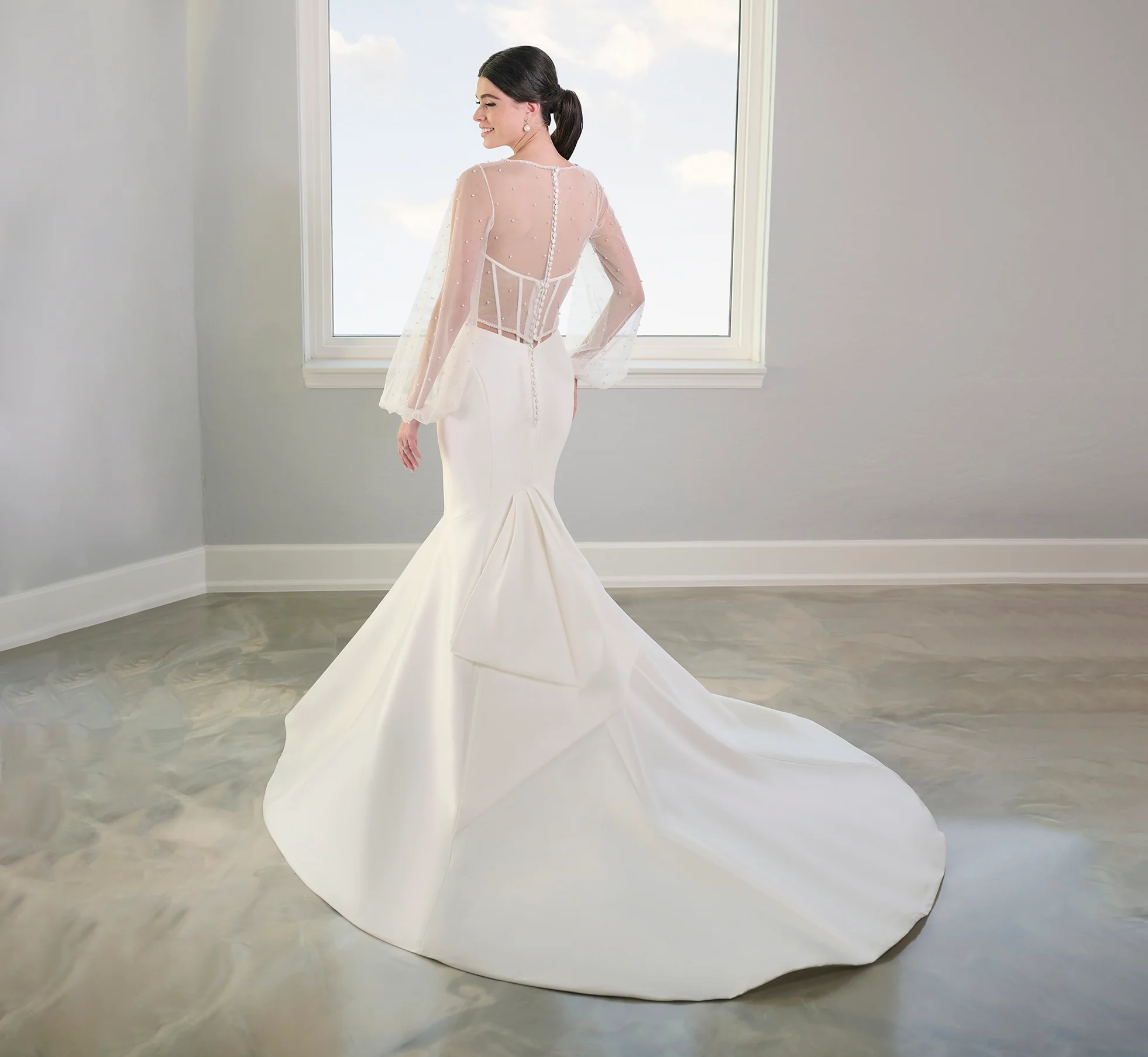 Stretch Mikado Gown With Studded Pearl Jacket In Ivory - Image 7