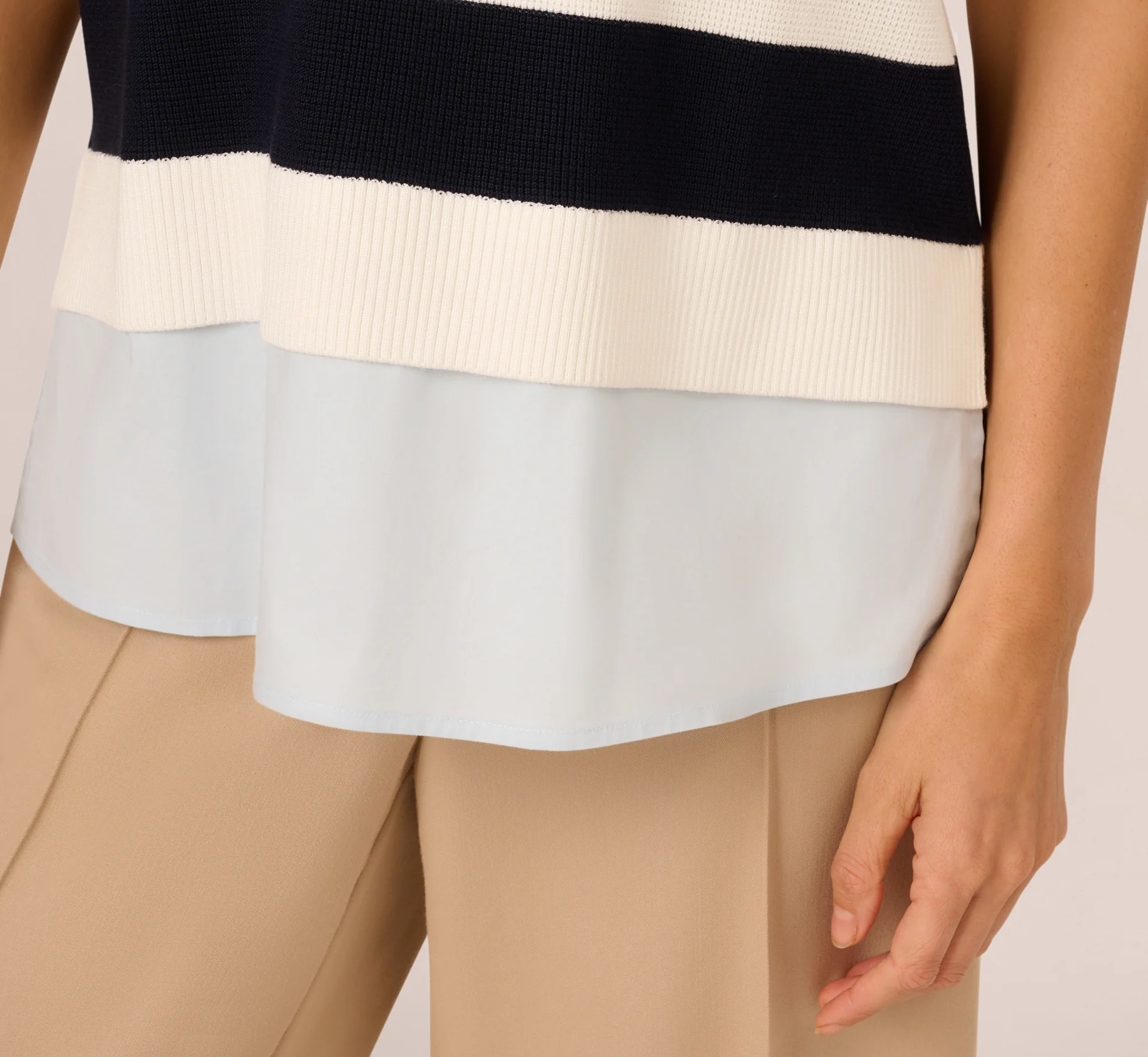 Striped Sweater Vest Cap Sleeve Collared Twofer Shirt In Navy Ivory Stripe W Chambray - Image 4