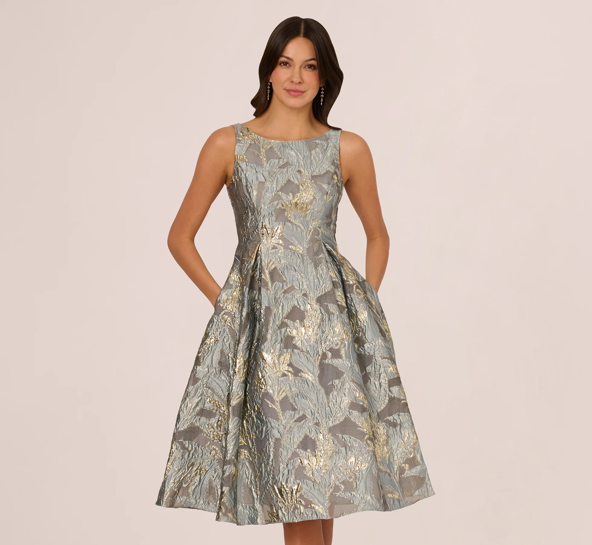 Tea Length Jacquard Dress With Sleeveless Bodic In Slate - Image 2