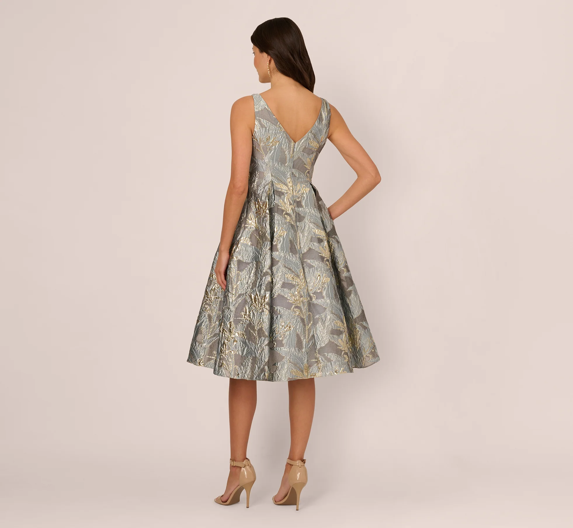 Tea Length Jacquard Dress With Sleeveless Bodic In Slate - Image 5
