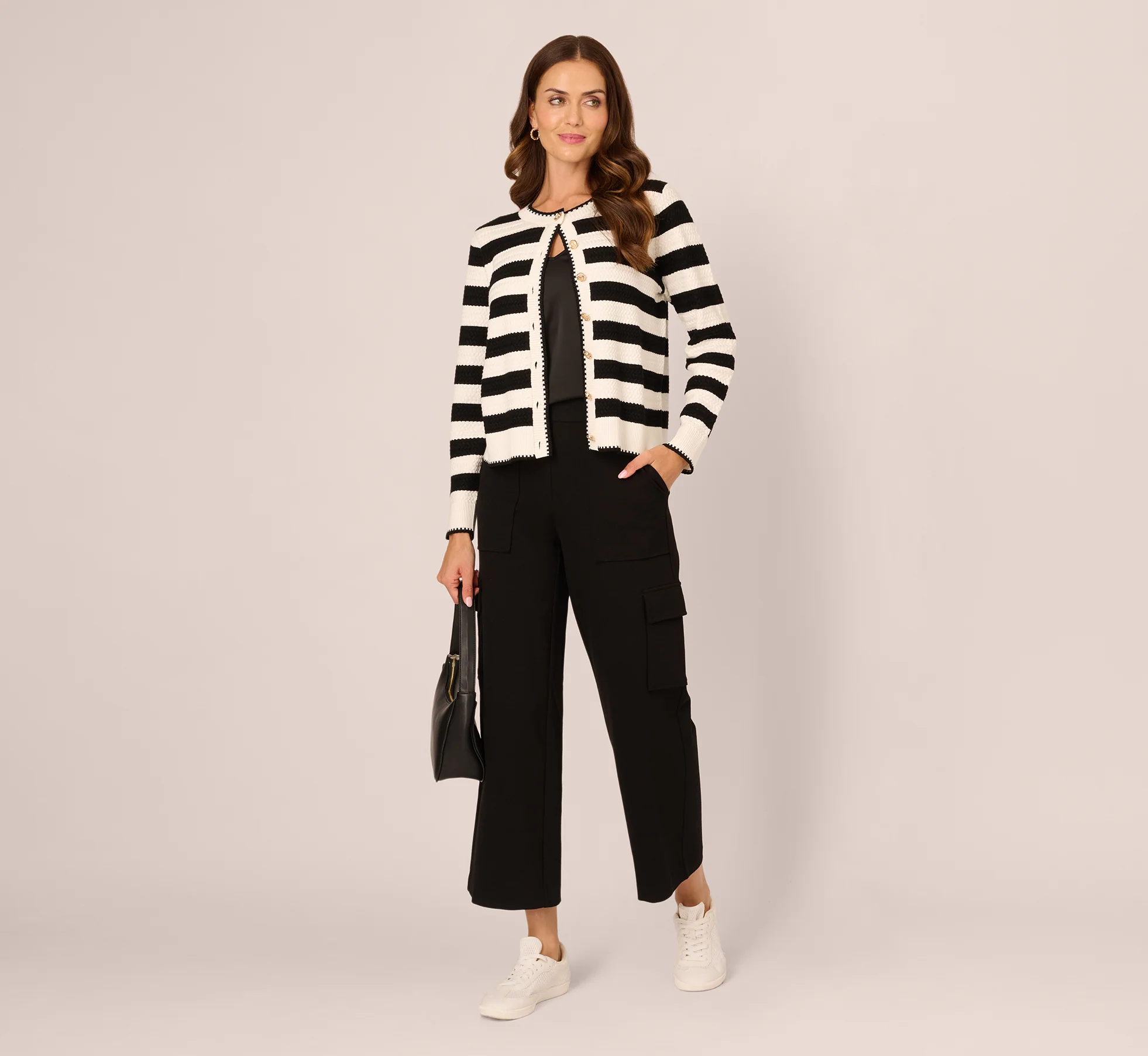 Textured Knit Blanket Stitch Cardigan Sweater In Ivory Black - Image 2