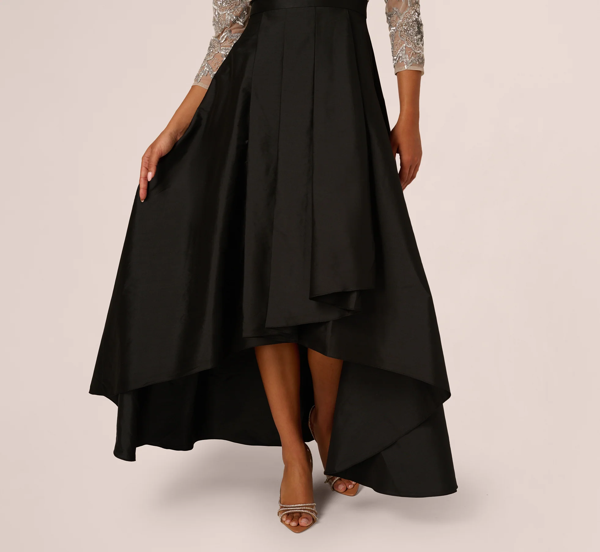 Three Quarter Sleeve Beaded Taffeta Combo Gown In Black Silver - Image 5
