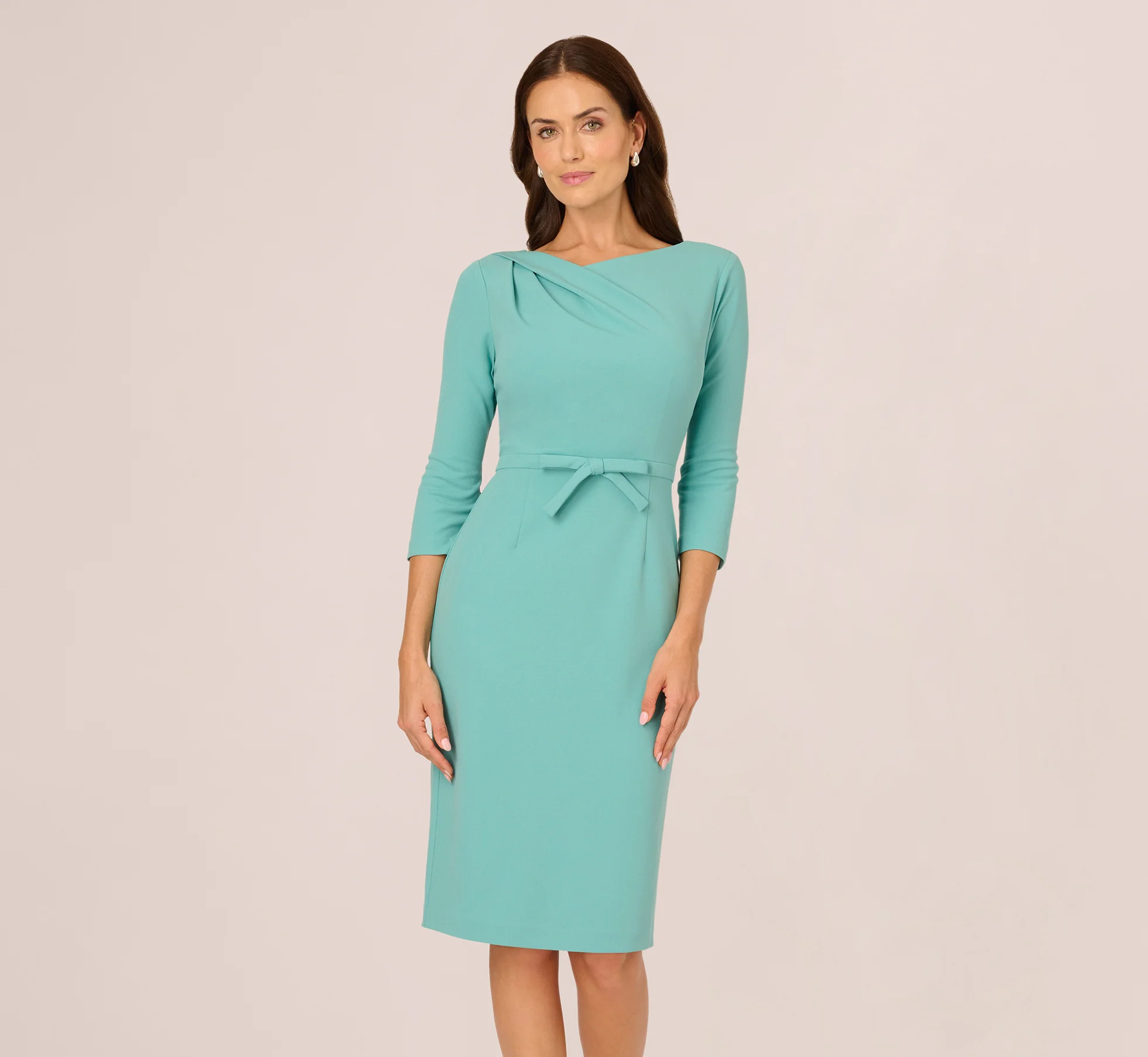 Three Quarter Sleeve Drape Collar Sheath Dress In Smoky Jade - Image 2