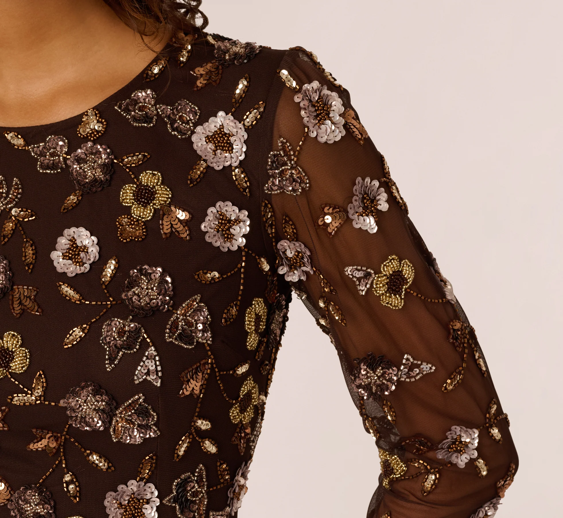 Three Quarter Sleeve Floral Sequin Beaded Gown In Chocolate - Image 3