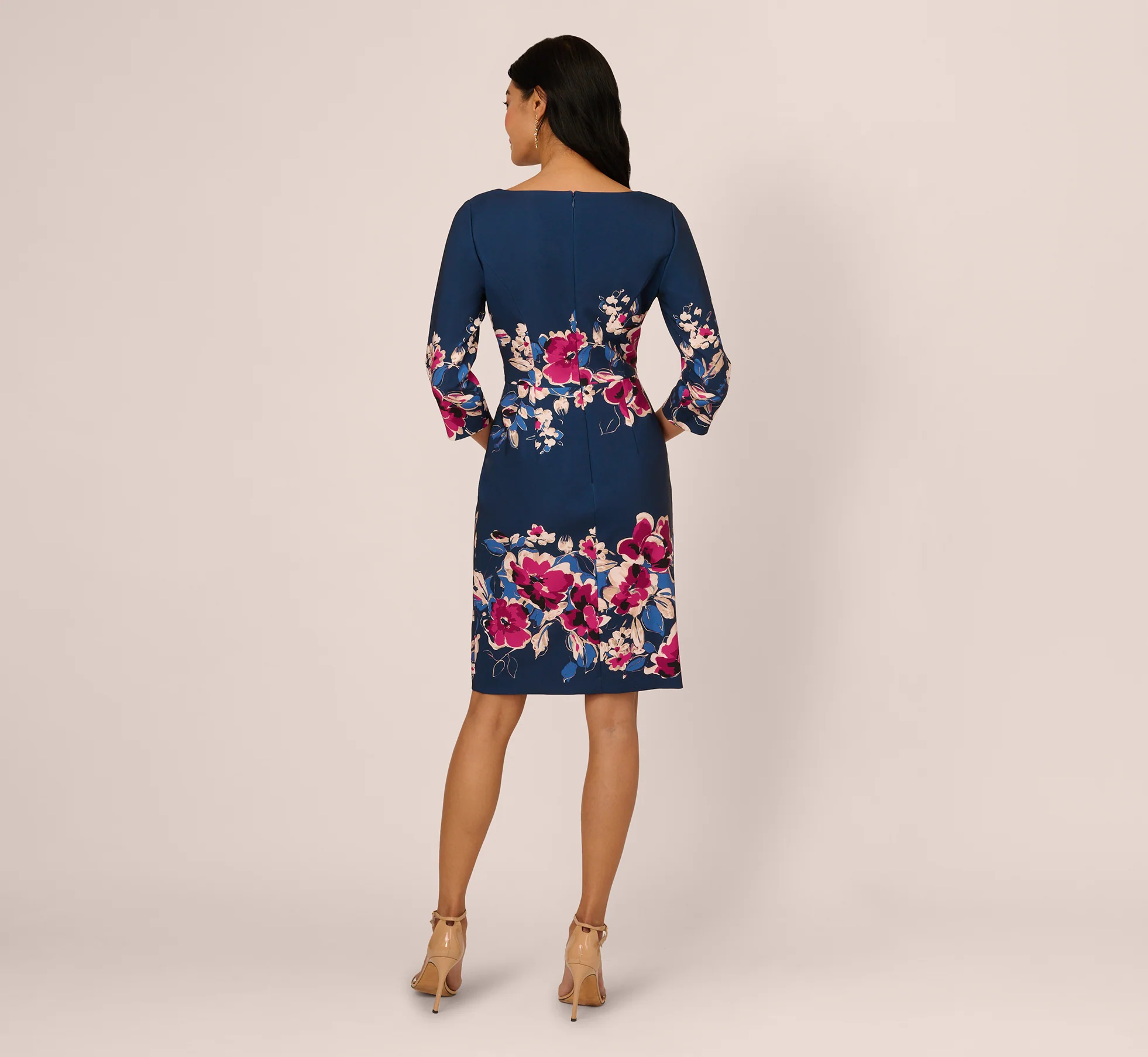 Three Quarter Sleeve Floral Sheath Dress In Navy Pink Multi - Image 5