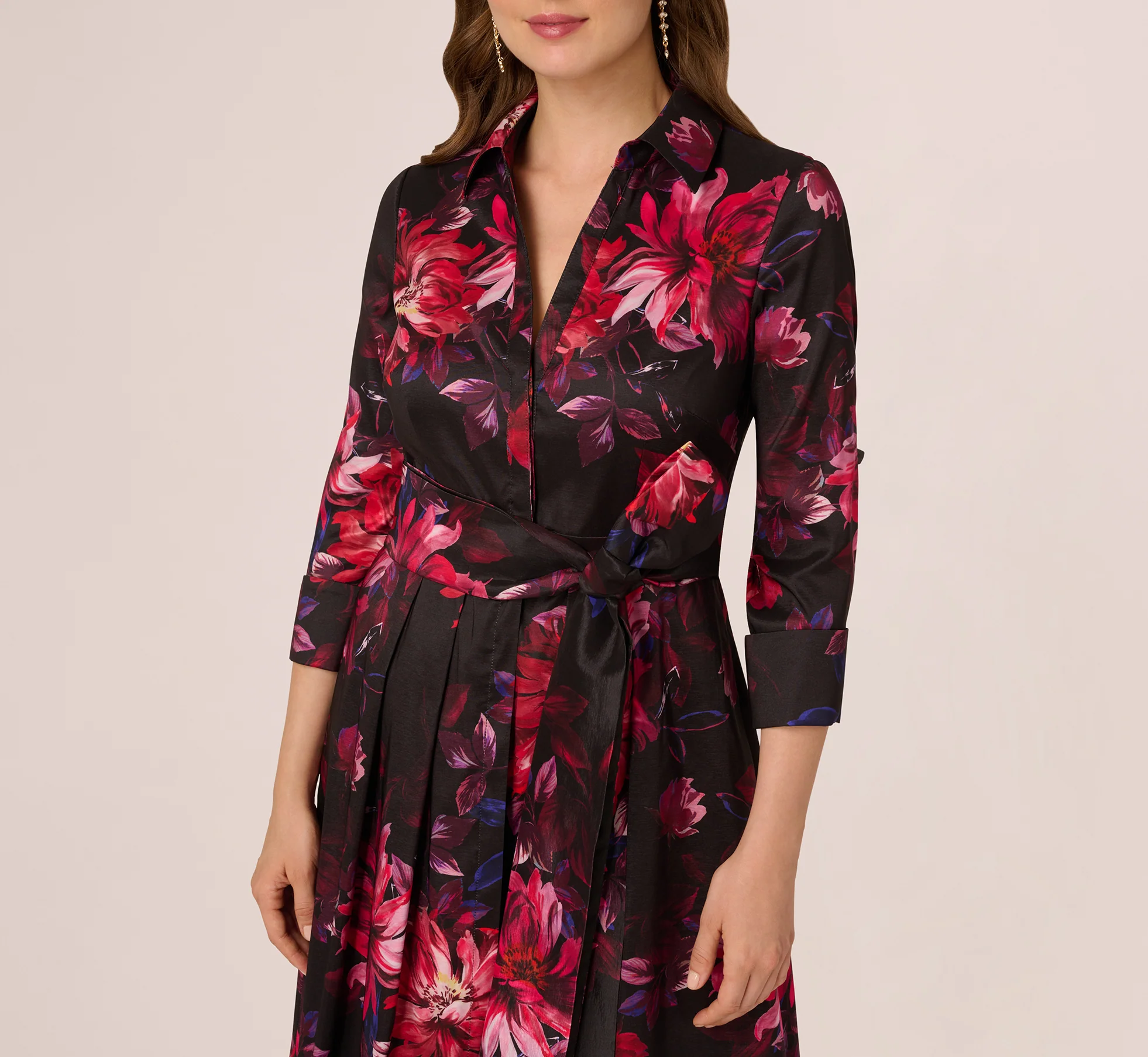 Three Quarter Sleeve Floral Taffeta Shirt Dress In Black Multi - Image 3