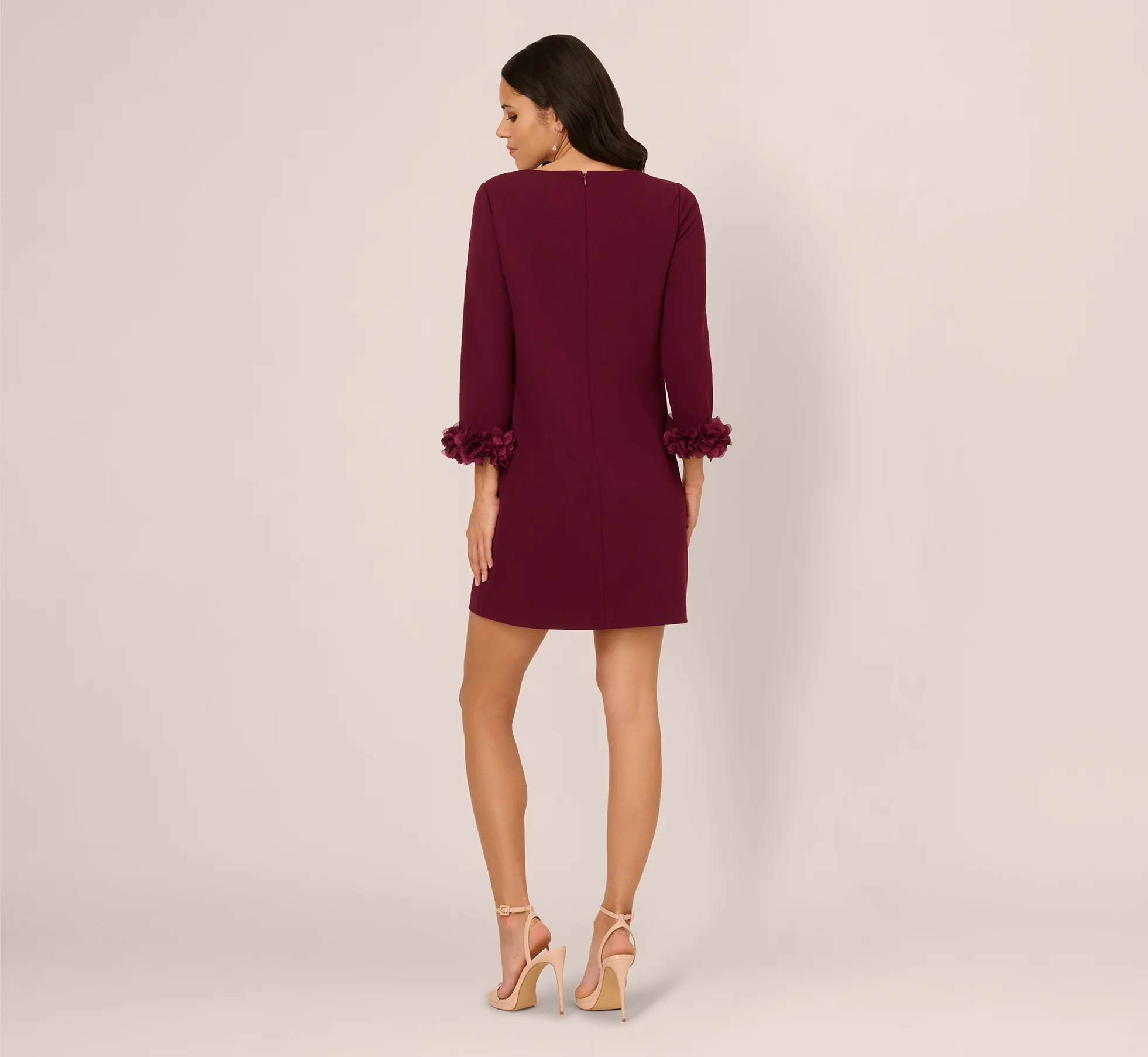 Three Quarter Sleeve Shift Dress With Floral Embellished Cuffs In Cabernet - Image 5