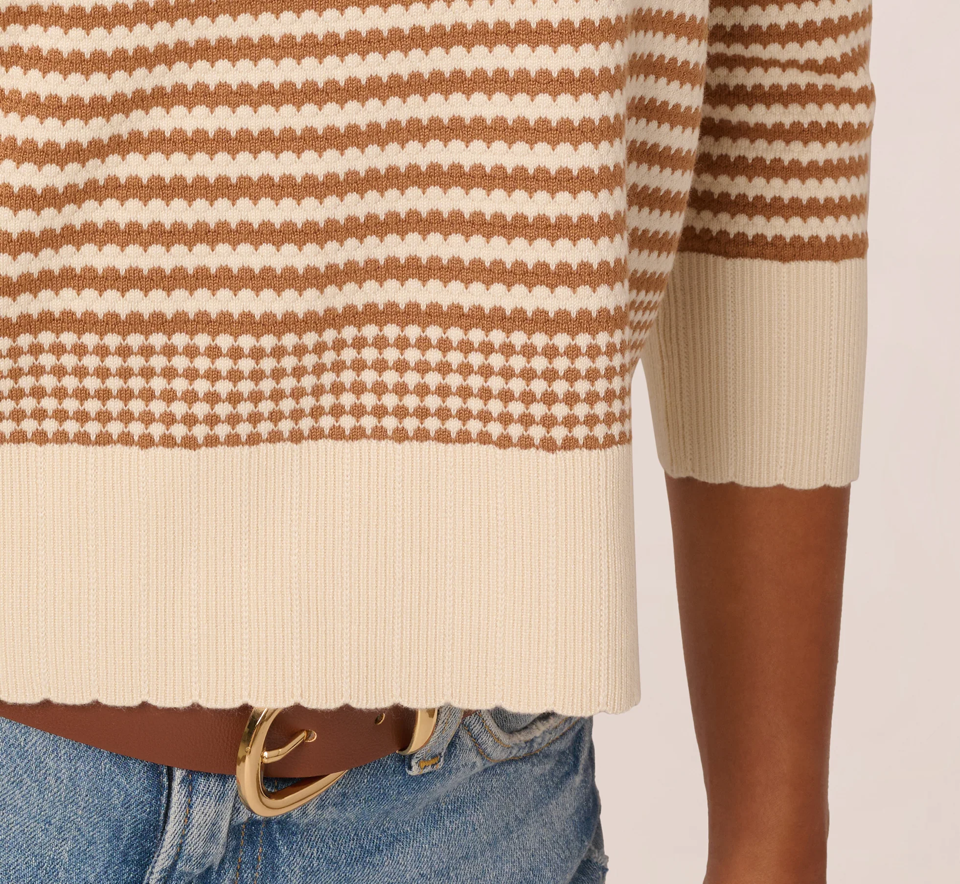 Three Quarter Sleeve Stripe Knit Sweater Top In Cream Camel - Image 6