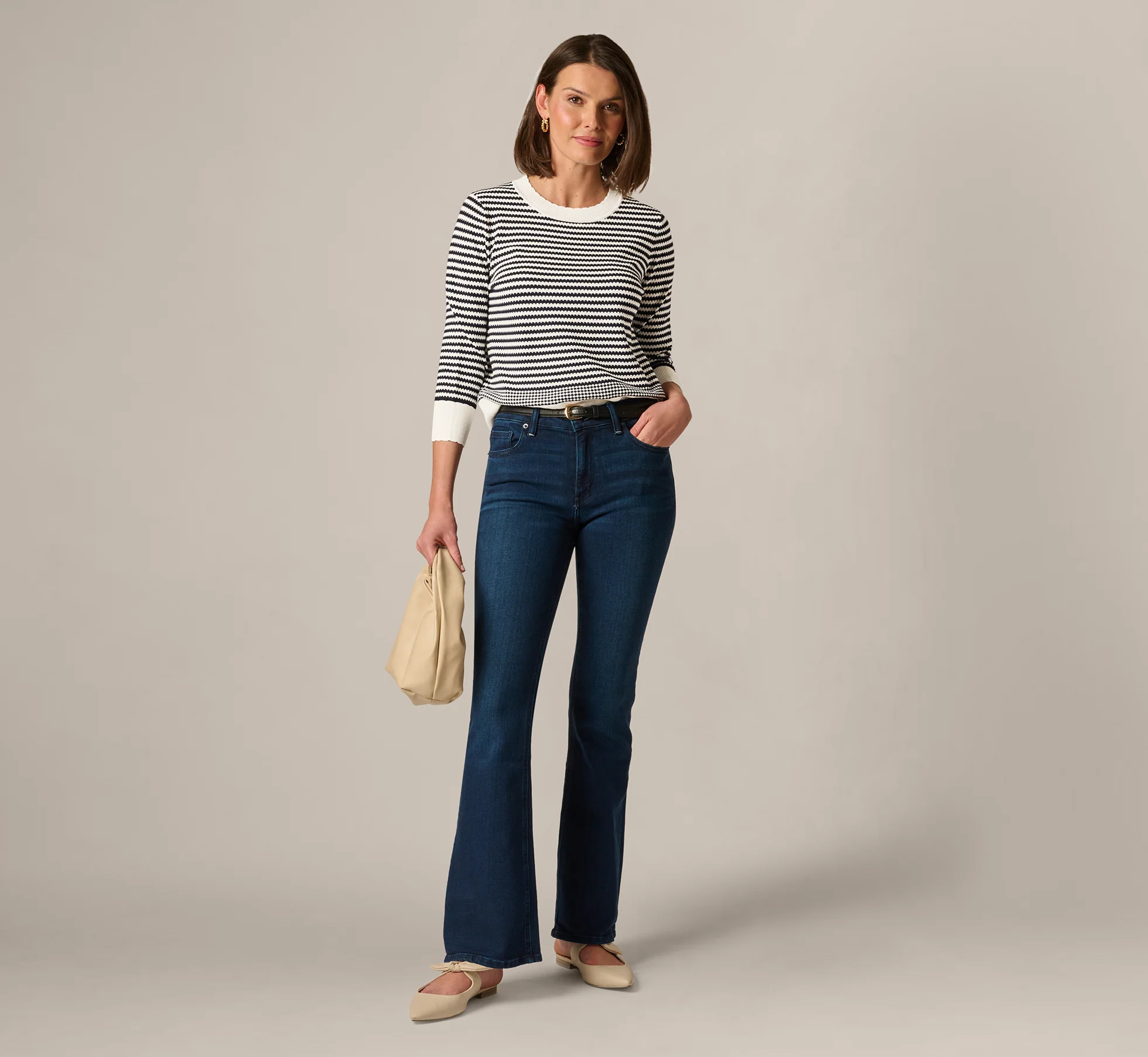 Three Quarter Sleeve Stripe Knit Sweater Top In Ivory Navy - Image 2