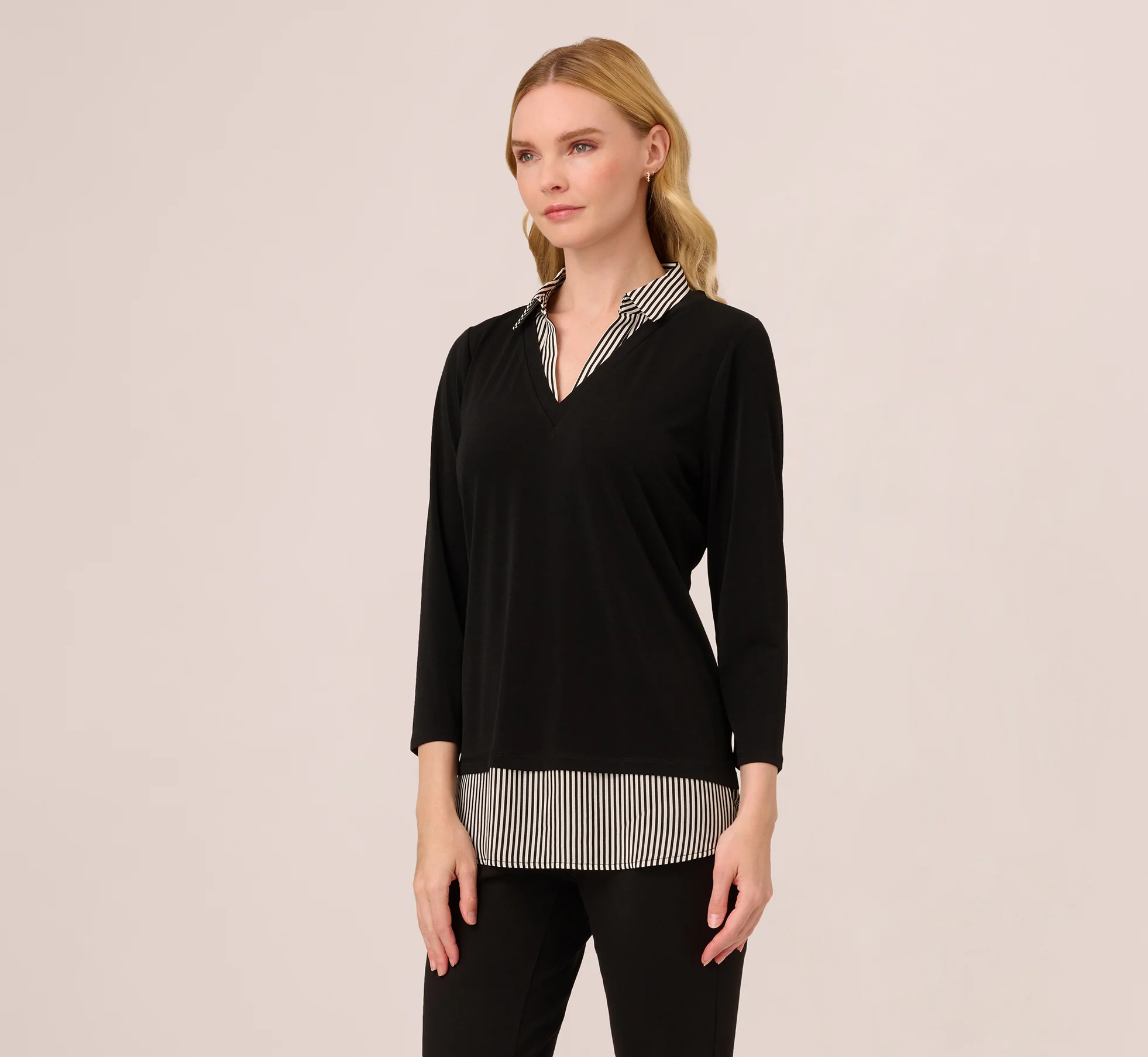 Three Quarter Sleeve Sweater With Button Down Accents In Blackw Black Ivorysmall Stripe - Image 2