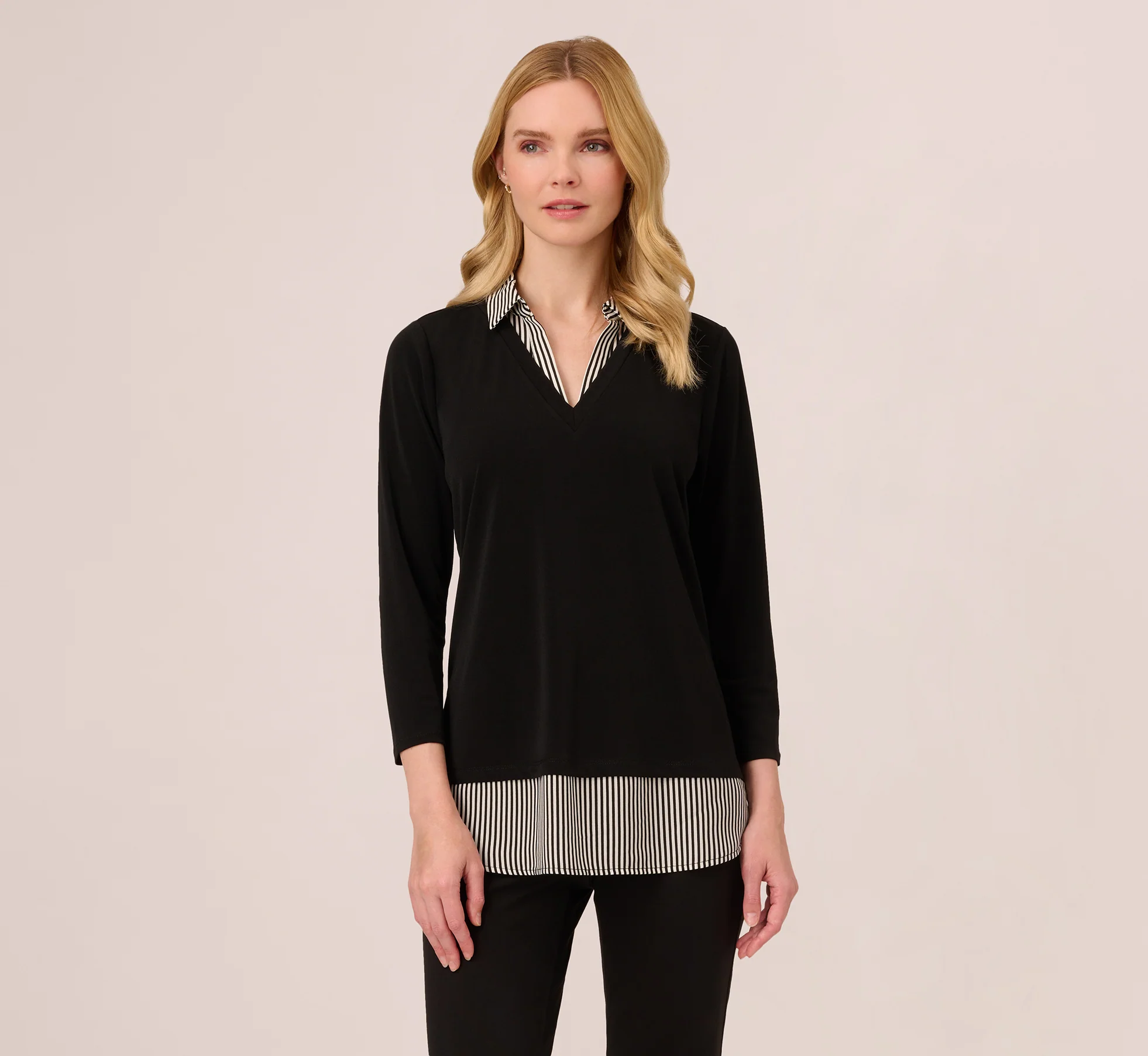 Three Quarter Sleeve Sweater With Button Down Accents In Blackw Black Ivorysmall Stripe - Image 3