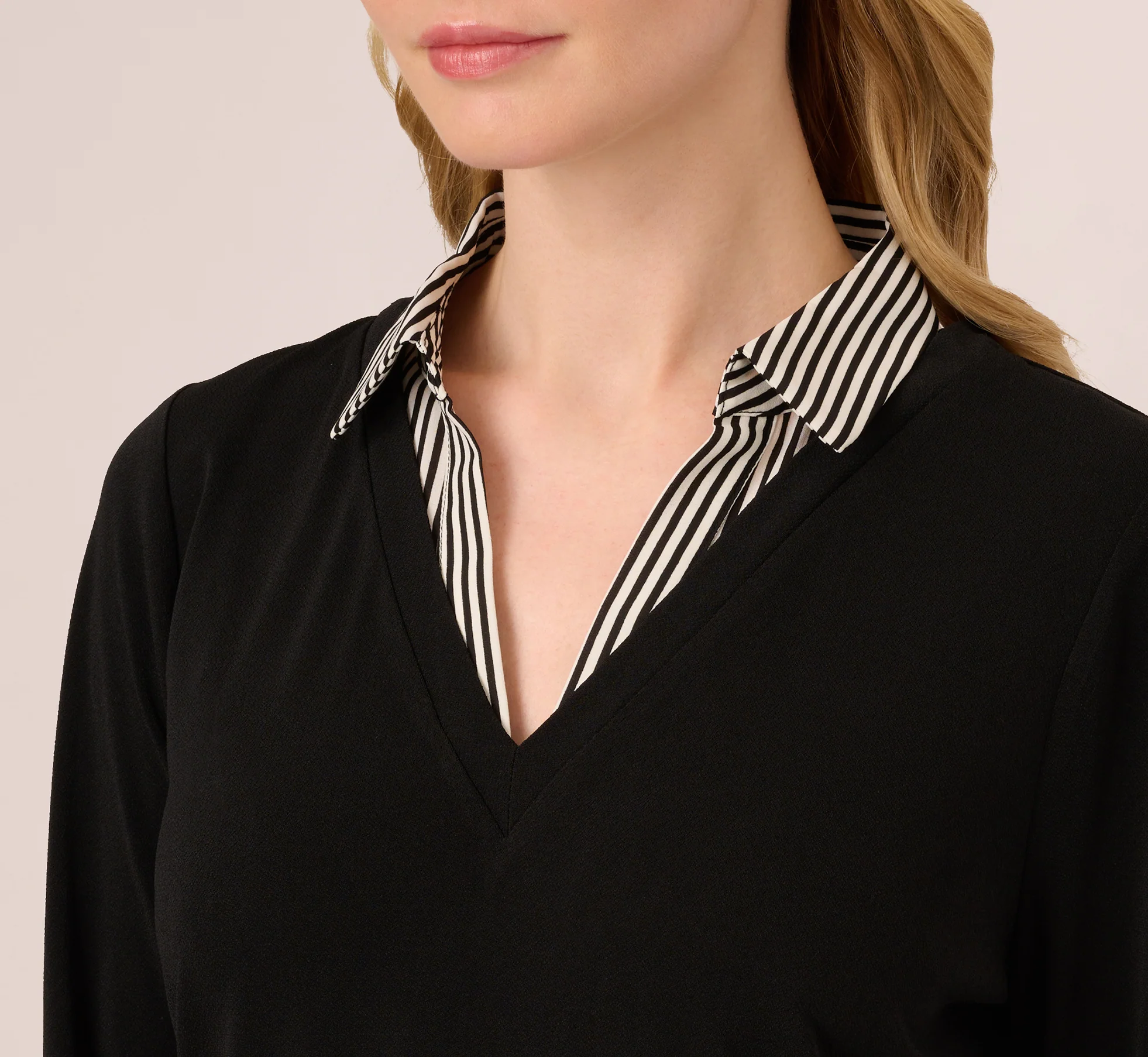 Three Quarter Sleeve Sweater With Button Down Accents In Blackw Black Ivorysmall Stripe - Image 4