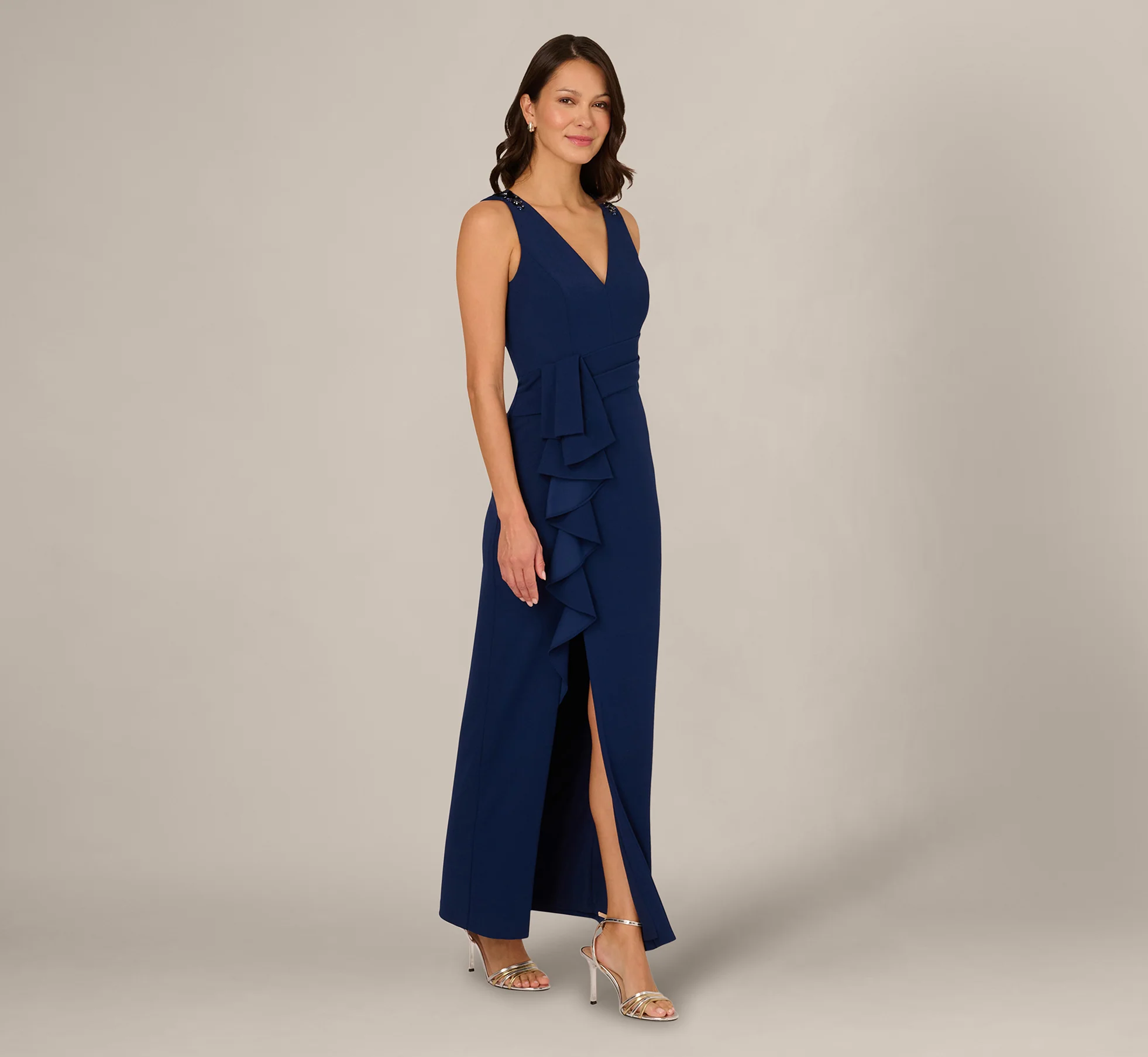 V Neck Beaded Ruffle Column Gown In Navy Sateen - Image 2