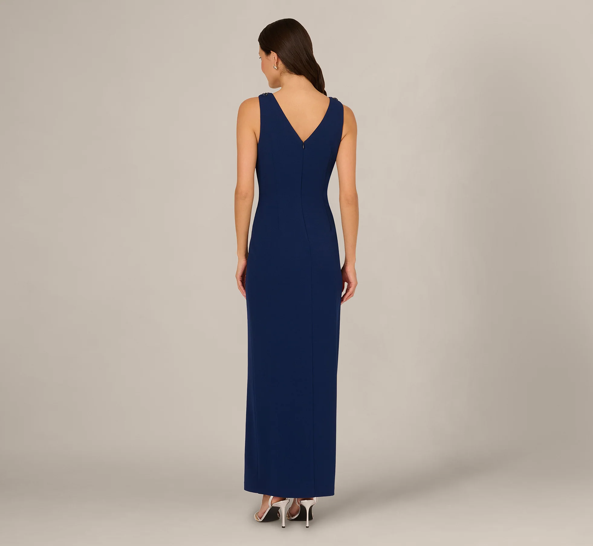 V Neck Beaded Ruffle Column Gown In Navy Sateen - Image 5