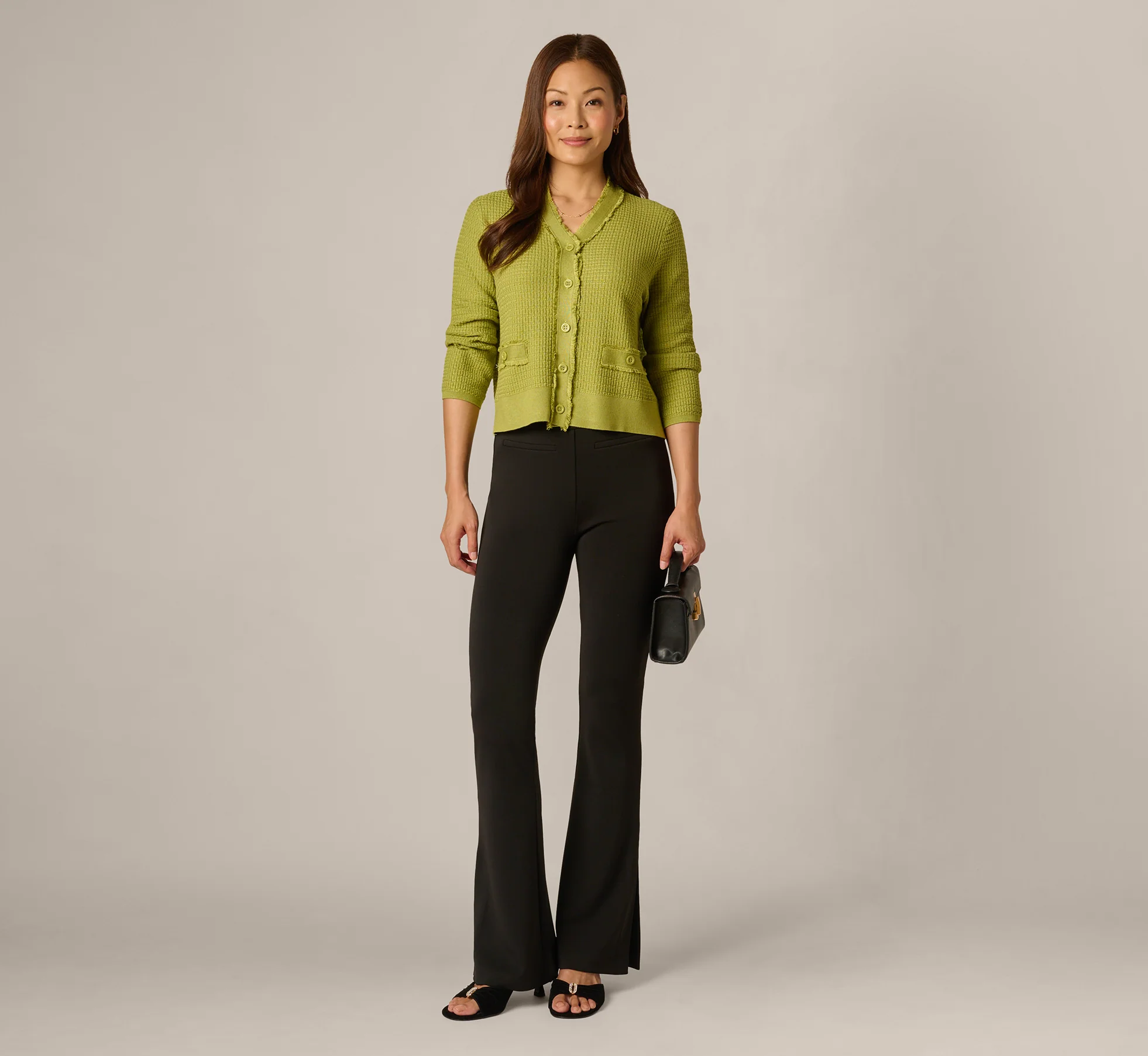 Waffle Knit Cardigan Sweater With Frayed Edges In Apple Green - Image 2