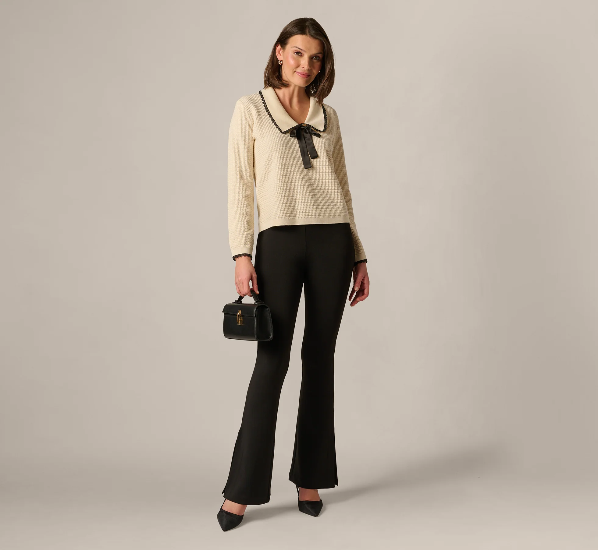 Waffle Weave Bow Collar Pullover Sweater In Cream Black - Image 2