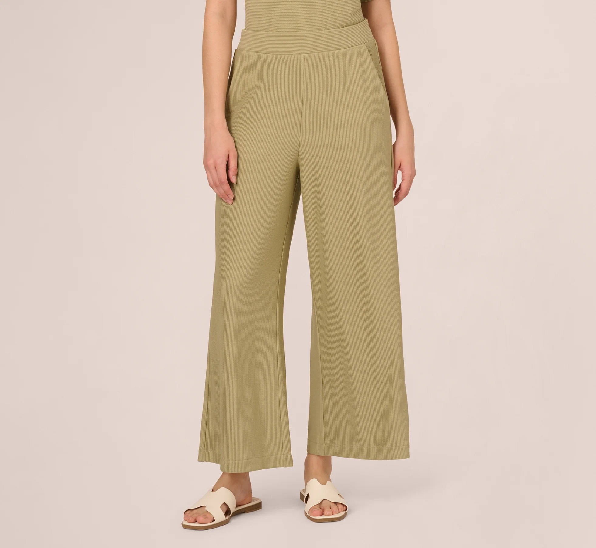 Wide Leg Rib Knit Pants In Dusty Sage Green - Image 2
